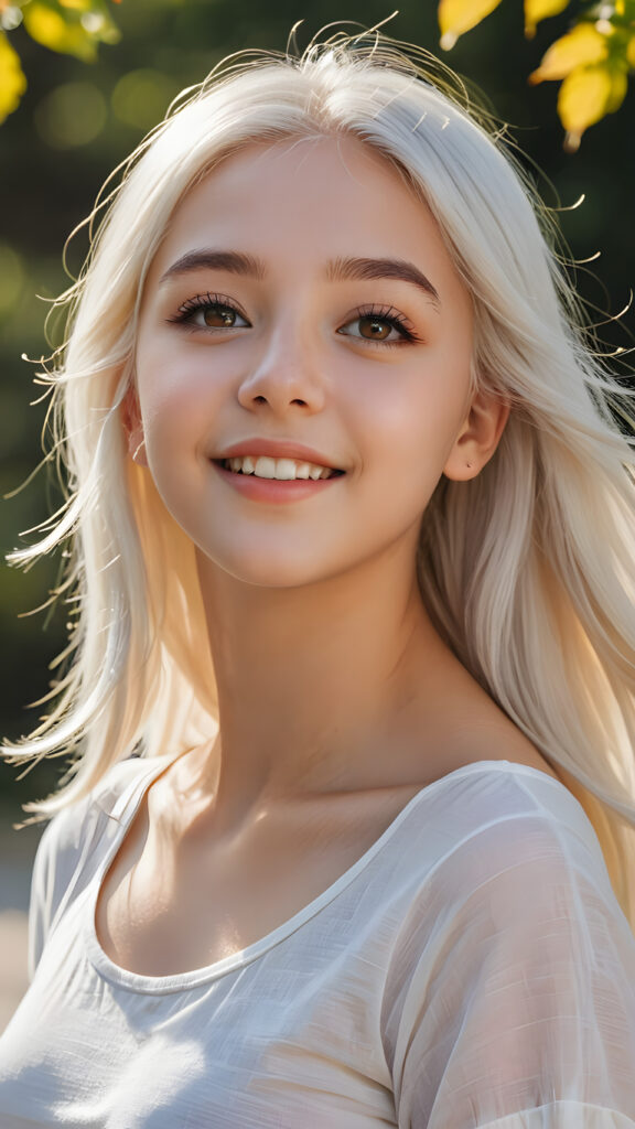 a realistic and detailed picture of my young daughter, 16 years old, short crop top, ((angelic round face, amber eyes)), ((soft long straight jet platinum white hair)), full lips, in a (((carefree, happy expression))), surrounded by an air of exuberance and vivacity against a ((natural, sunny backdrop)) ((perfect light and shadows))