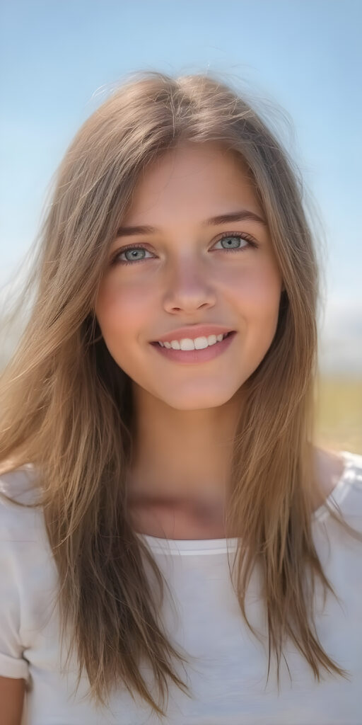 a realistic and detailed upper body portrait of a (((stunning))), ((gorgeous)), a young adult girl with straight soft long (((dark brown chocolate copper hair))), her hair falls gently over her upper body, it is the same length on both sides and ((vividly captivating (hazel eyes) that draw you in. She stands in a (sunlit meadow) under a clear blue sky, wearing a (soft, sheer cropped (white t-shirt). The overall atmosphere should convey a sense of innocent beauty and (softness), she smiles, open mouth, white teeth