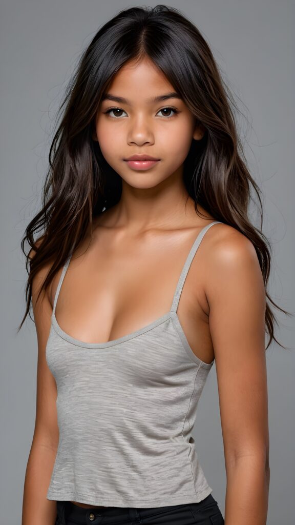 a realistic and detailed photo from a brown-skinned (((gorgeous stunning cute young perfectly curved Indigenous teen model girl, thin spaghetti cropped light-grey tank top))), 13 years old, with (((light brown-black very long soft jet hair, bangs))), featuring (((full lips))), and a (((small flawless round face))) ((grey background))