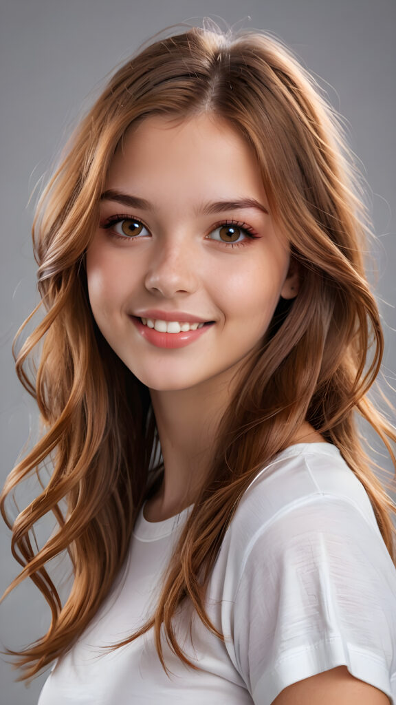 a realistic and detailed photo from a (((gorgeous stunning cute young perfectly curved teenage girl, 14 years old))), looks seductive, slightly open mouth, full lips, white teeth, with (((light auburn-red very long soft jet hair))), featuring (((light amber eyes))), and a (((small flawless round face))), wears a white thin short cropped spaghetti t-shirt, ((grey background)) ((full-body)) ((side view))