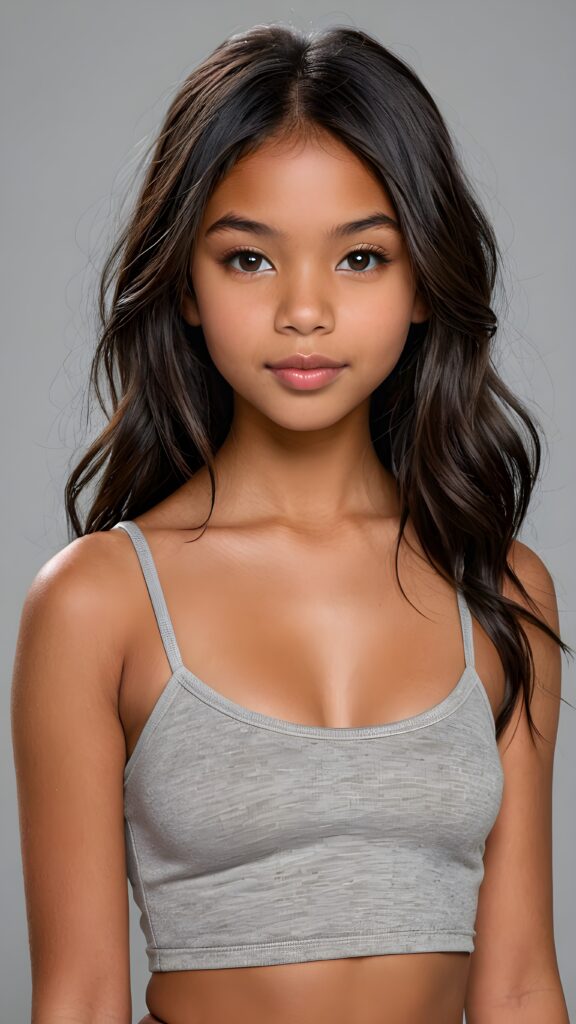 a realistic and detailed photo from a brown-skinned (((gorgeous stunning cute young perfectly curved Indigenous teen model girl, thin spaghetti cropped light-grey tank top))), 13 years old, with (((light brown-black very long soft jet hair, bangs))), featuring (((full lips))), and a (((small flawless round face))) ((grey background))