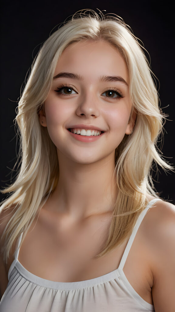 a realistic and detailed picture of my young daughter, 17 years old, short crop top, ((angelic round face, dark eyes)), ((soft long straight jet platinum-blonde hair)), full lips, in a (((carefree, happy expression))), surrounded by an air of exuberance and vivacity against a ((black backdrop)) ((perfect light and shadows))