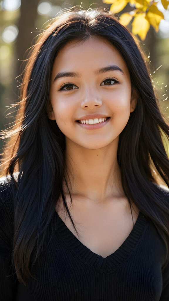 a realistic and detailed picture of my young Exotic daughter, 14 years old, in a plunge neck wool sweater, ((angelic round face)), ((soft long straight jet black hair)) in a (((carefree, happy expression))), surrounded by an air of exuberance and vivacity against a ((natural, sunny backdrop)) ((perfect light and shadows))