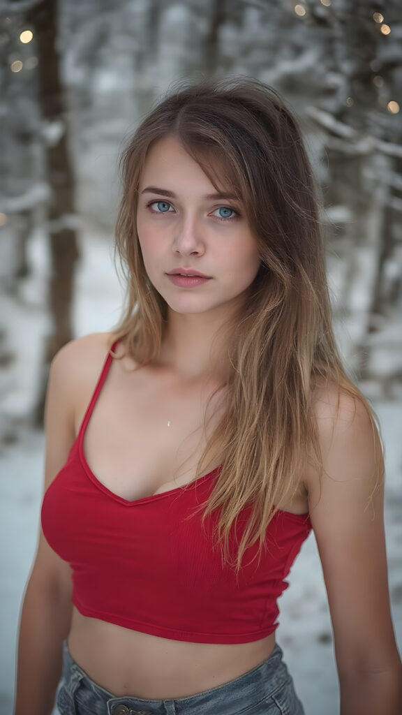 a realistic and detailed portrait of young busty teen girl, 14 years old, in a plunge neck ((red short crop tank top, perfect curved fit body, ((angelic round face)), ((soft straight jet black hair, bangs cut)) ((snowy forest in the background)), ((side view)), ((stunning)), ((gorgeous))