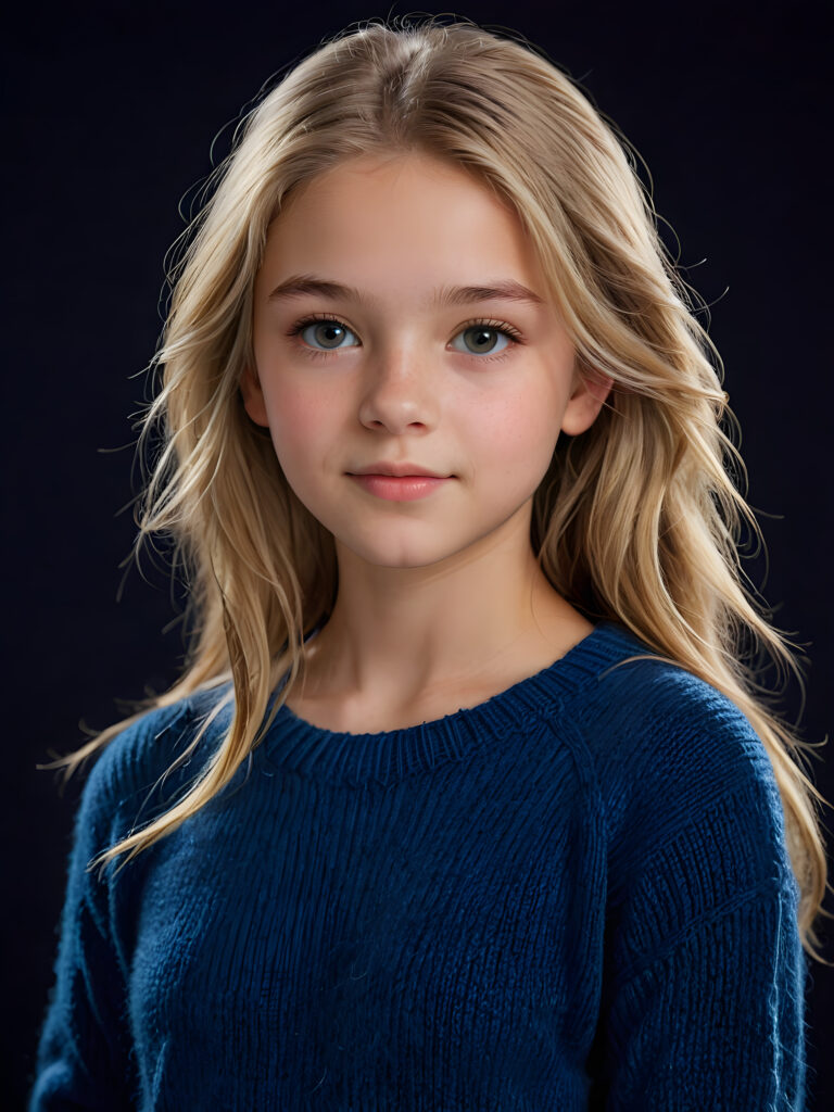 a realistic and detailed, dynamic photography of beautiful young ((teen girl, 13 years old)), with detailed straight soft blond hair, realistic and detailed eyes, looking into the camera, dynamic cinematic lights, perfect detailed round face, side view, wears a fine wool sweater in blue, ((upper body)), ((cute)), ((stunning)) ((dark background))