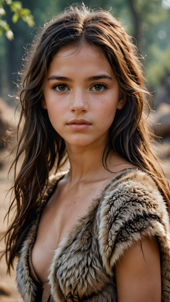 a realistic and detailed photograph of a young cute girl from the period 20000 BC, wears thin clothes made of animal fur and skin, messy long hair