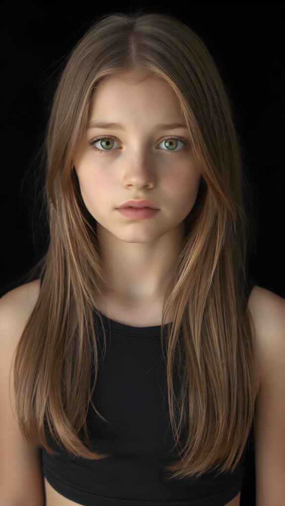 a (((realistic cute teen girl))), with straight soft long light brown hair, (full lips), and ((big amber eyes, round face)) that exude innocence, paired with a (short cropped tank top) that emphasizes her perfect body, (perfect skin), her figure is so perfectly proportioned that it defies reality, (((against a black backdrop))) ((upper body portrait))