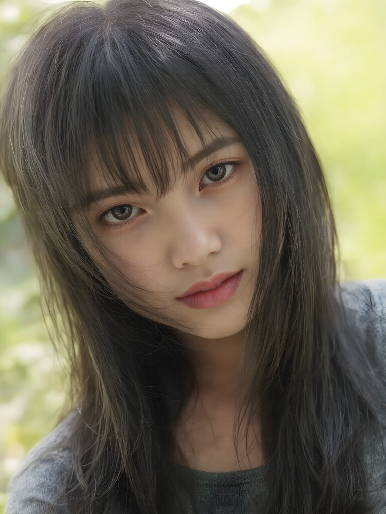 a (((realistic old close up photo))), representing a (((beautiful young Vietnamese girl, long soft obsidian black hair, bangs cut))), round face, with an (((ultra realistic, intricate details))) that defy the laws of physics, with a (((dynamic advanced lighting system))) that brings out the extreme details, composited against a (((natural, sunny green backdrop))), emulating a hyper-realistic, advanced photography