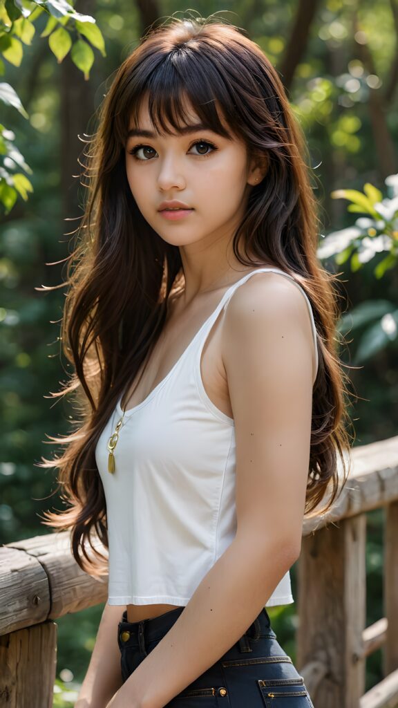 a (((realistic photograph))), capturing a (((ultra detailed dark brown long hair with cute bangs))), ((realistic brown eye)) looks sadly at the camera, (((natural spring backdrop))), ((profile view)) of a (((cute teenage model girl))), (((white crop tank top))), ((short black jeans))