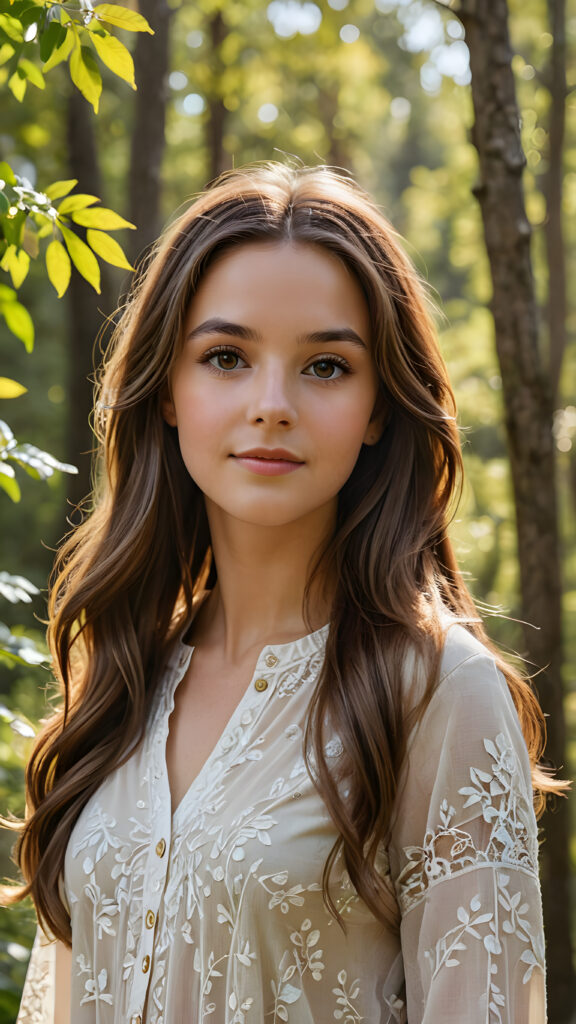 a (((realistic and detailed))) painting of a (((beautiful teenage girl with long brown hair))), engaged in a serene moment while standing through a sunny, wooded landscape full of vibrant foliage and a (softly detailed environment)