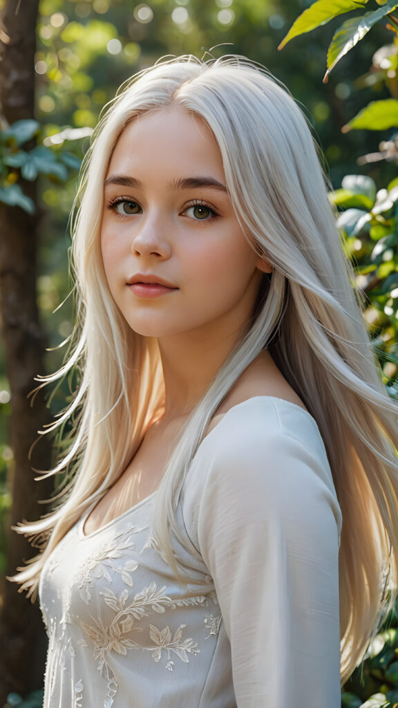 a (((realistic and detailed))) painting of a young (((beautiful teen girl with long soft straight white hair))), perfect curved body, engaged in a serene moment while standing through a sunny landscape full of vibrant foliage and a (softly detailed environment) ((stunning)) ((gorgeous))