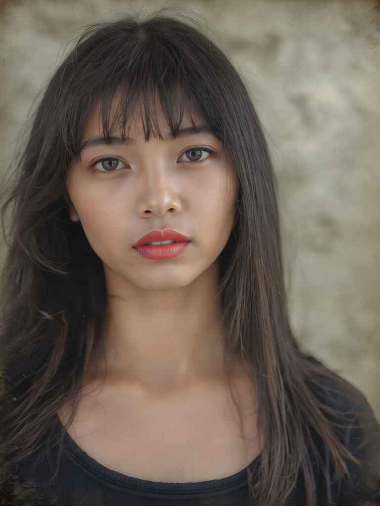 a (((realistic old photograph))), vividly contrasted by splashes of (((red lip color))), representing a (((full-body capture))) of a (((beautiful young Indonesian girl, long soft hair, bangs cut))) with an (((ultra realistic, intricate details))) that defy the laws of physics, with a (((dynamic advanced lighting system))) that brings out the extreme details, composited against a (((natural, grainy backdrop))), emulating a hyper-realistic, advanced photography, exotic style