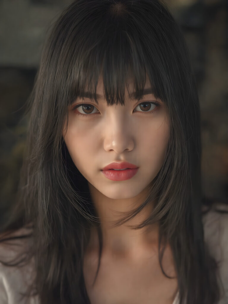 a (((realistic photograph))), vividly contrasted by splashes of (((red lip color))), representing a (((full-body capture))) of a (((beautiful young Asian girl, long black hair, bangs cut))) with an (((ultra realistic, intricate details))) that defy the laws of physics, with a (((dynamic advanced lighting system))) that brings out the extreme details, composited against a (((natural, grainy backdrop))), emulating a hyper-realistic, advanced photography