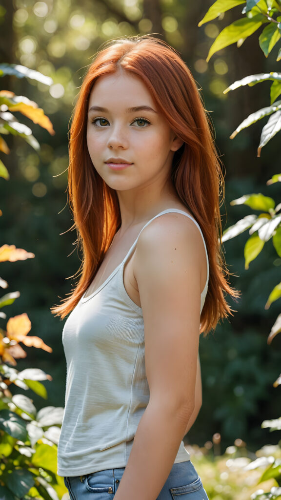 a (((realistic and detailed))) young (((beautiful teen girl with soft straight red hair))), perfect curved body, wears a tank top, engaged in a serene moment while standing through a sunny landscape full of vibrant foliage and a (softly detailed environment) ((stunning)) ((gorgeous))