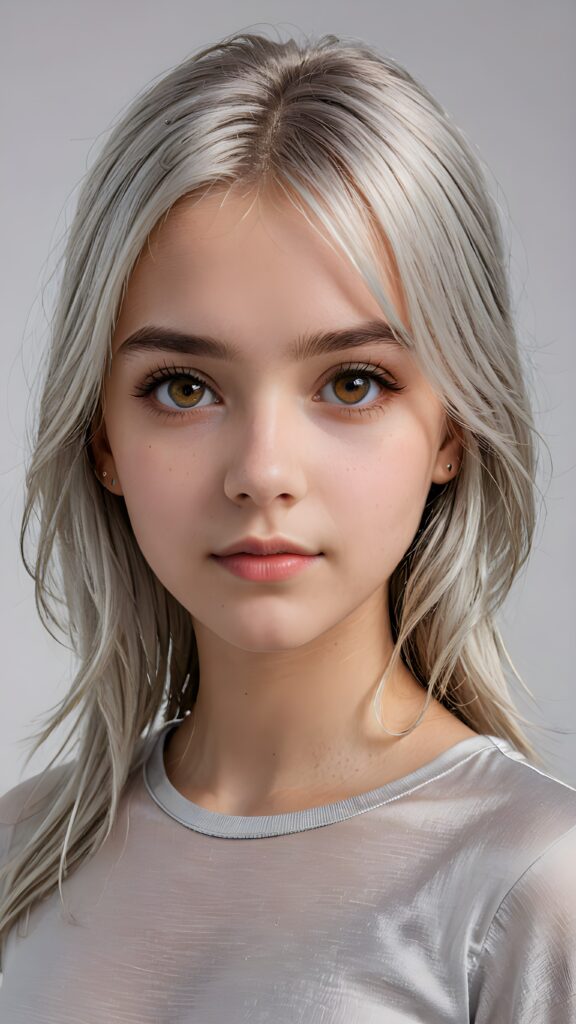 a realistic, cinematic lights, very cute teen girl, 13 years old, bangs haircut, detailed long straight soft (silver white) hair, realistic detailed angelic face, realistic detailed (amber) eye, looks at the camera, portrait shot, perfect curved, wears a super short tight grey t-shirt made of silk, perfect anatomy, white background, side perspective