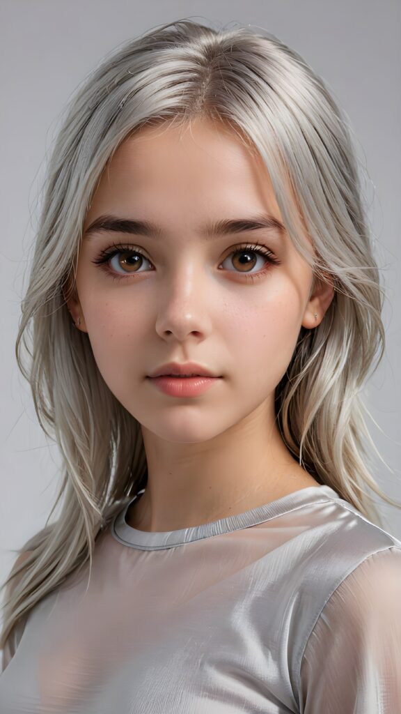 a realistic, cinematic lights, very cute teen girl, 13 years old, bangs haircut, detailed long straight soft (silver white) hair, realistic detailed angelic face, realistic detailed (amber) eye, looks at the camera, portrait shot, perfect curved, wears a super short tight grey t-shirt made of silk, perfect anatomy, white background, side perspective