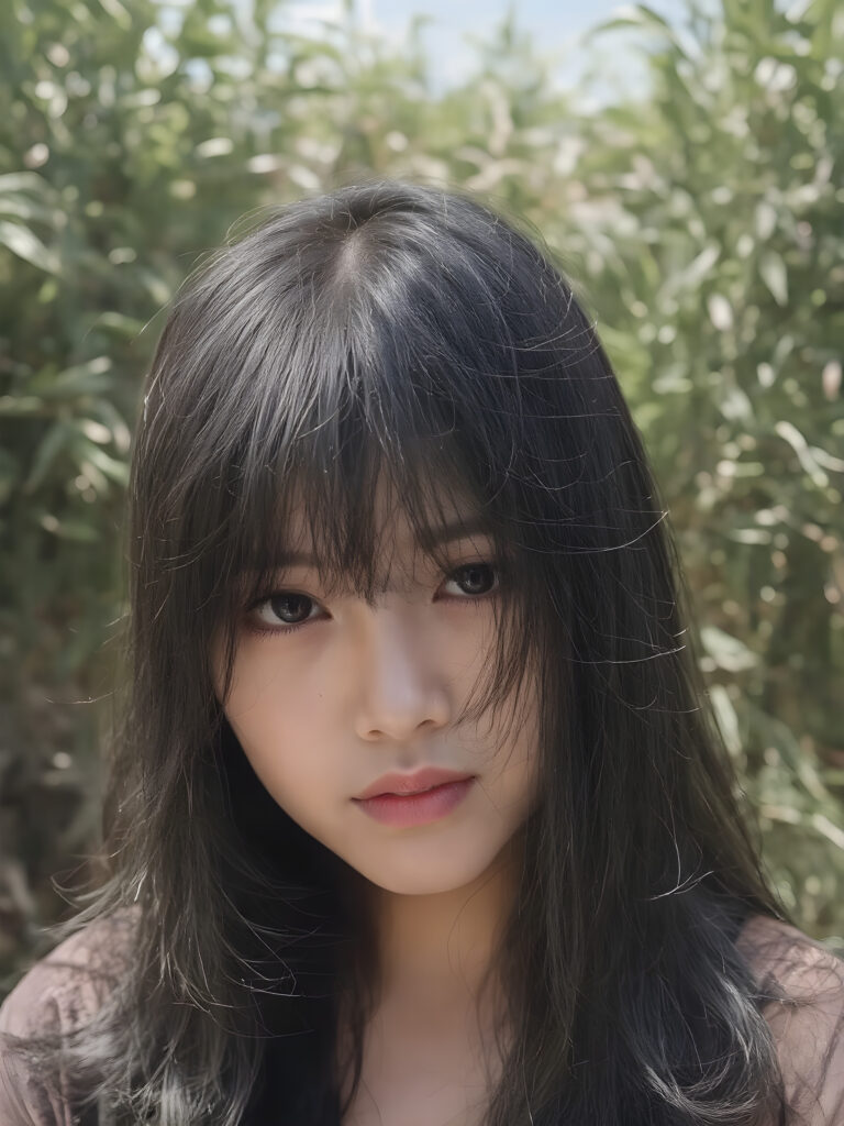 a (((realistic old close up photo))), representing a (((beautiful young Vietnamese girl, long soft obsidian black hair, bangs cut))), round face, with an (((ultra realistic, intricate details))) that defy the laws of physics, with a (((dynamic advanced lighting system))) that brings out the extreme details, composited against a (((natural, sunny green backdrop))), emulating a hyper-realistic, advanced photography