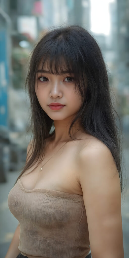 a realistic (((beautiful young well busty Asian teenage dream girl, perfect curved body))), with flowing, (((soft long straight black soft hair, bangs))). She is dressed in a sleek, (cropped tank top, deep v-neck), photograph, stands in the street