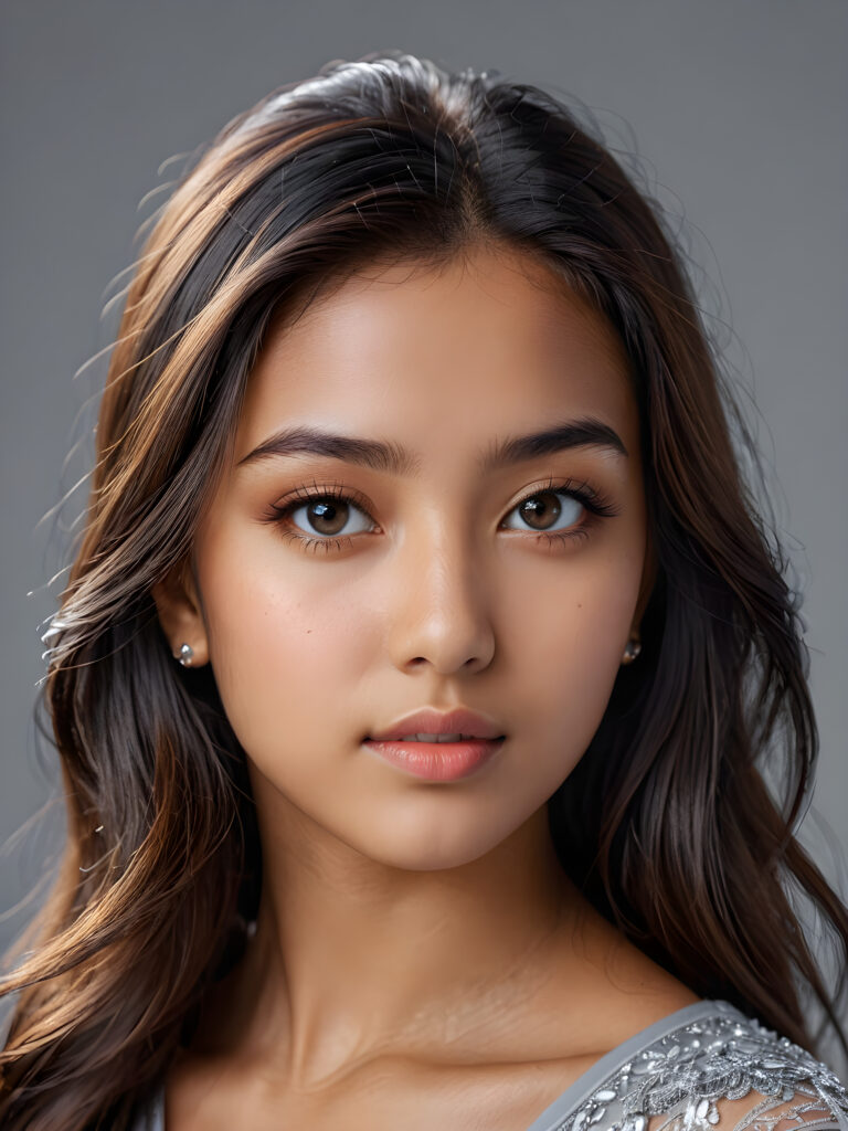 a realistic, detailed, dynamic photography from a beautiful young teen ((Exotic girl)), with detailed hair, looking into the camera, dynamic cinematic lights, perfect detailed face, side view, ((close up portrait)), ((stunning)), ((gorgeous)), ((grey background))