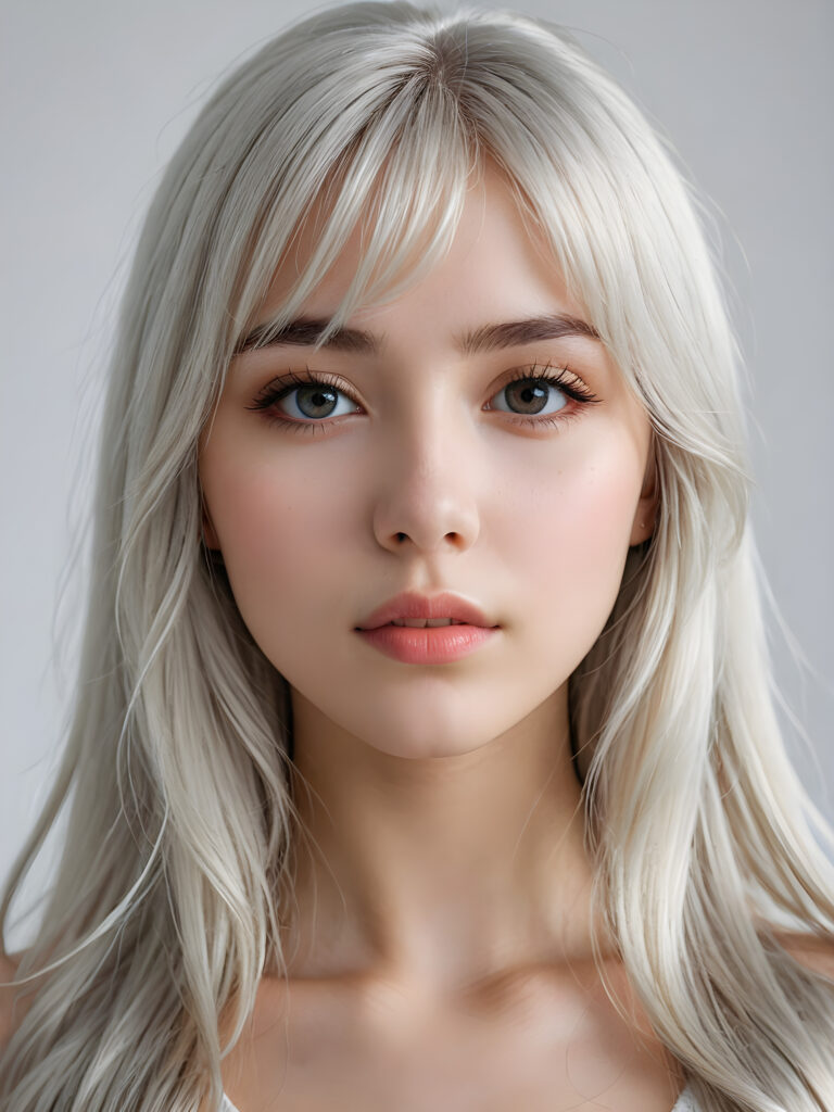 a realistic, detailed, dynamic photography from a beautiful young teen ((silver-skinned girl with flawless, soft skin)), with ((detailed long soft white hair, bangs)), full kissable lips, round eyes, round face, looking into the camera, perfect detailed face, ((close up portrait)), ((stunning)), ((gorgeous)), ((white background))