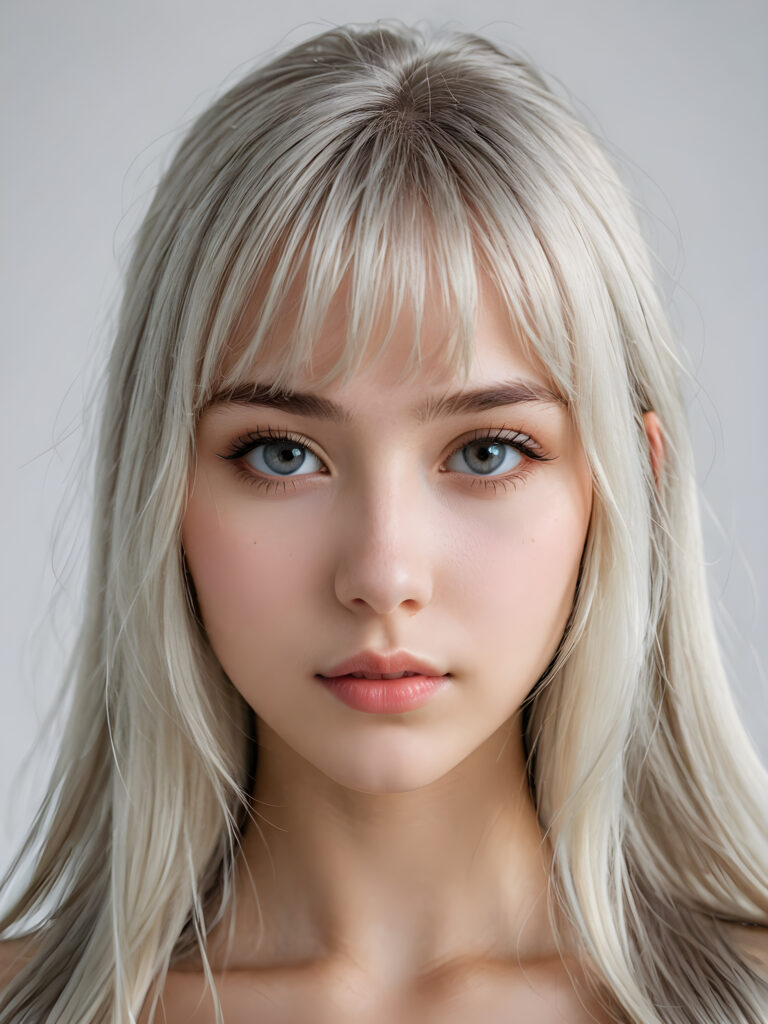 a realistic, detailed, dynamic photography from a beautiful young teen ((silver-skinned girl with flawless, soft skin)), with ((detailed long soft white hair, bangs)), full kissable lips, round eyes, round face, looking into the camera, perfect detailed face, ((close up portrait)), ((stunning)), ((gorgeous)), ((white background))