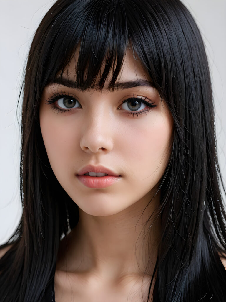 a realistic, detailed, dynamic photography from a beautiful young teen ((Emo girl)), with ((detailed obsidian long soft straight hair, bangs)), full kissable lips, looking into the camera, perfect detailed face, side view, ((close up portrait)), ((stunning)), ((gorgeous)), ((white background))