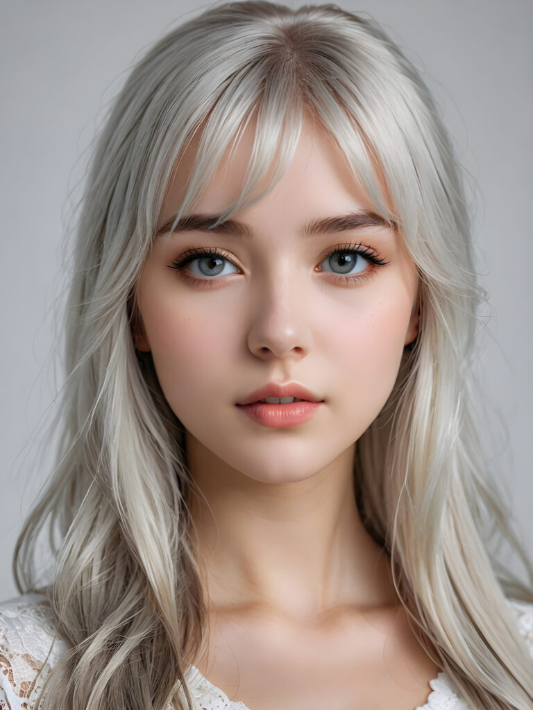 a realistic, detailed, dynamic photography from a beautiful young teen ((silver-skinned girl with flawless, soft skin)), with ((detailed long soft white hair, bangs)), full kissable lips, round eyes, round face, looking into the camera, perfect detailed face, ((close up portrait)), ((stunning)), ((gorgeous)), ((white background))