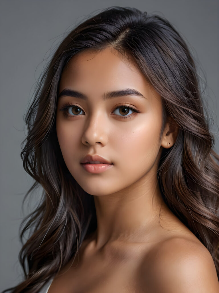 a realistic, detailed, dynamic photography from a beautiful young teen ((Exotic girl)), with detailed hair, looking into the camera, dynamic cinematic lights, perfect detailed face, side view, ((close up portrait)), ((stunning)), ((gorgeous)), ((grey background))