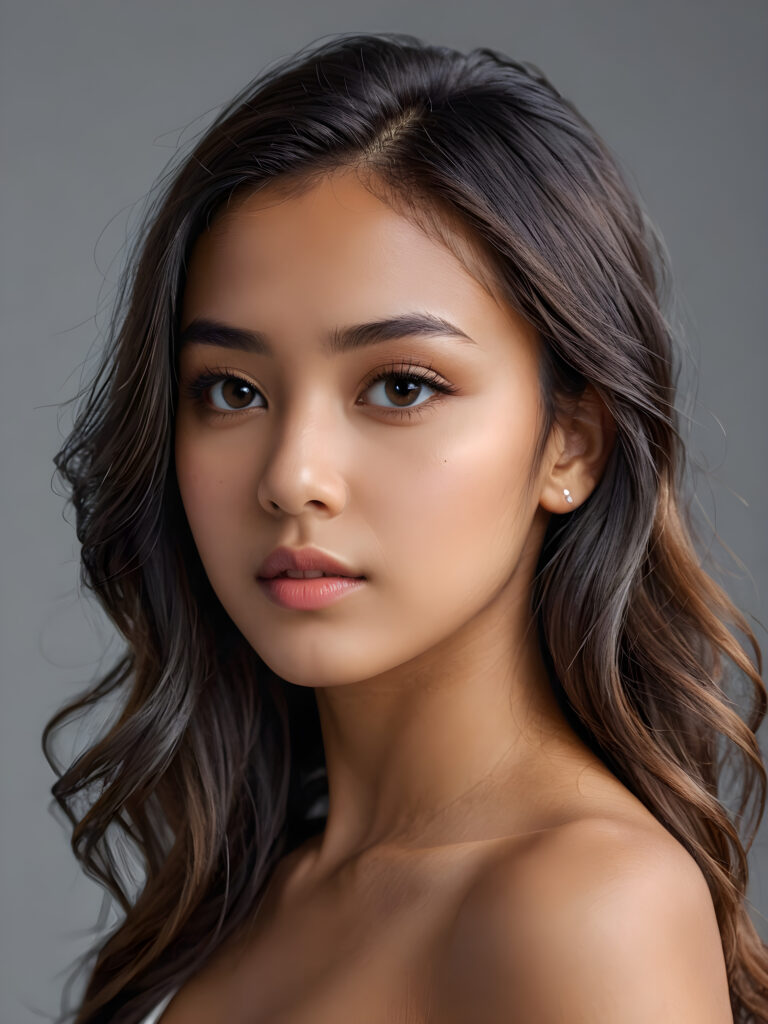 a realistic, detailed, dynamic photography from a beautiful young teen ((Exotic girl)), with detailed hair, looking into the camera, dynamic cinematic lights, perfect detailed face, side view, ((close up portrait)), ((stunning)), ((gorgeous)), ((grey background))