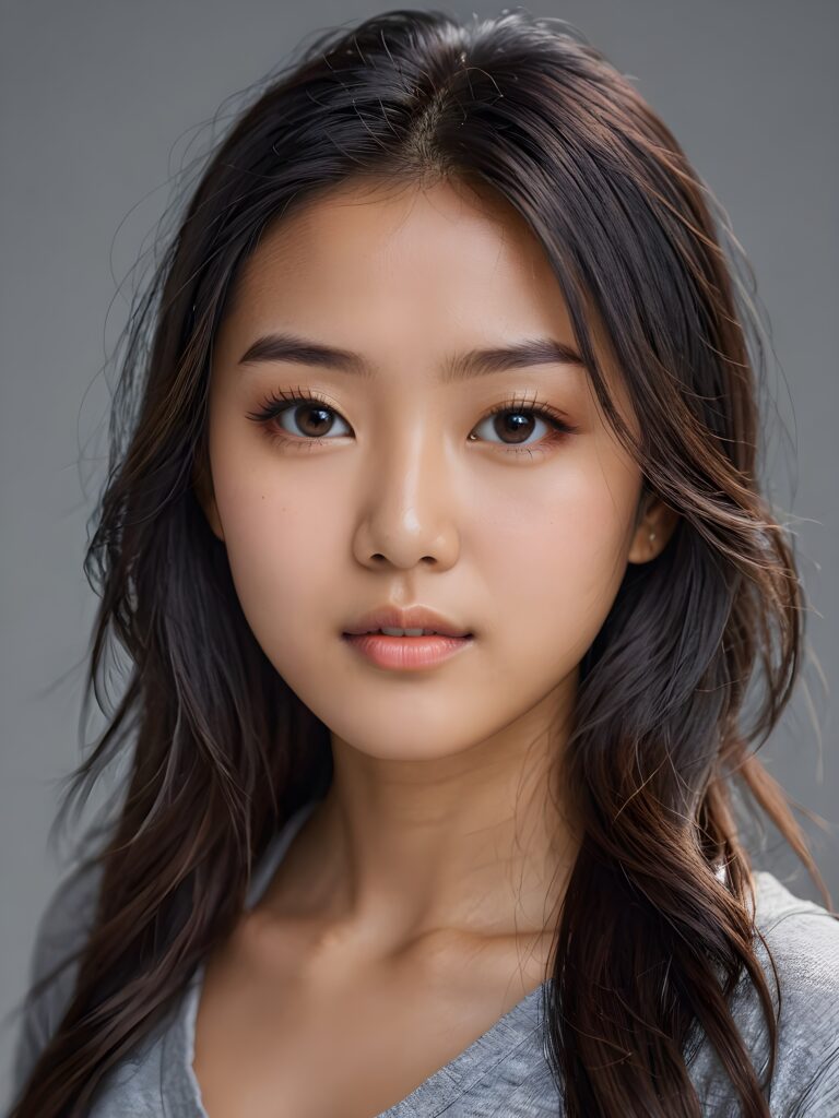 a realistic, detailed, dynamic photography from a beautiful young teen ((Asian girl)), with detailed hair, looking into the camera, dynamic cinematic lights, perfect detailed face, side view, ((close up portrait)), ((stunning)), ((gorgeous)), ((grey background))