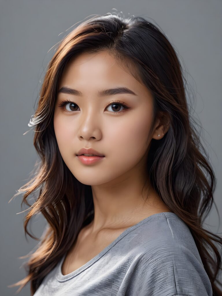 a realistic, detailed, dynamic photography from a beautiful young teen ((Asian girl)), with detailed hair, looking into the camera, dynamic cinematic lights, perfect detailed face, side view, ((close up portrait)), ((stunning)), ((gorgeous)), ((grey background))