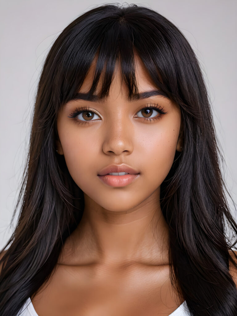 a realistic, detailed, dynamic photography from a beautiful young teen ((brown-skinned girl with flawless, soft skin)), with ((detailed long soft black hair, bangs)), full kissable lips, round eyes, round face, looking into the camera, perfect detailed face, ((close up portrait)), ((stunning)), ((gorgeous)), ((white background))