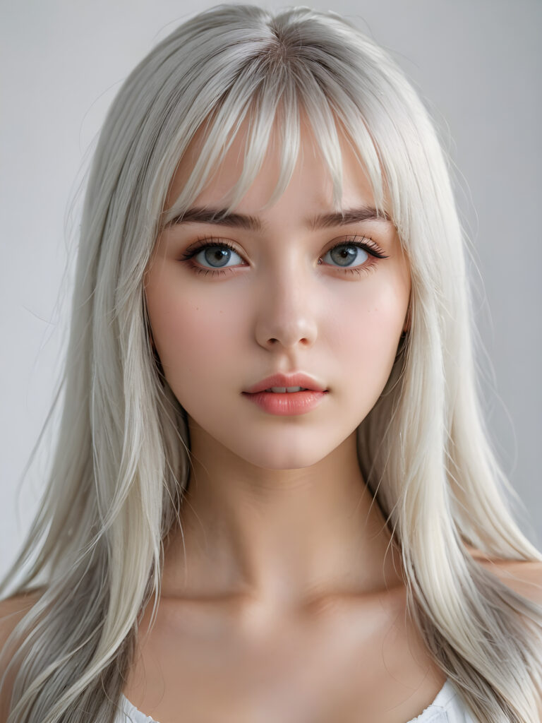 a realistic, detailed, dynamic photography from a beautiful young teen ((silver-skinned girl with flawless, soft skin)), with ((detailed long soft white hair, bangs)), full kissable lips, round eyes, round face, looking into the camera, perfect detailed face, ((close up portrait)), ((stunning)), ((gorgeous)), ((white background))