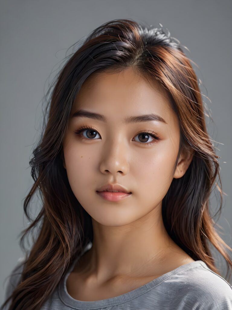 a realistic, detailed, dynamic photography from a beautiful young teen ((Asian girl)), with detailed hair, looking into the camera, dynamic cinematic lights, perfect detailed face, side view, ((close up portrait)), ((stunning)), ((gorgeous)), ((grey background))