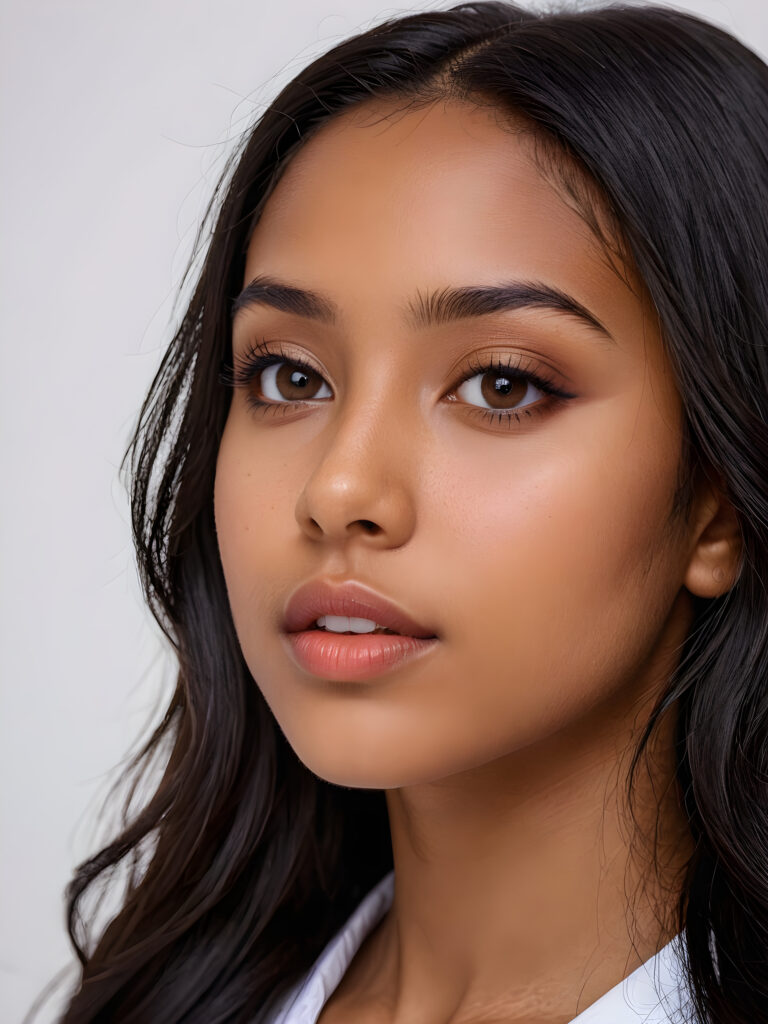 a realistic, detailed, dynamic photography from a beautiful young teen ((brown-skinned girl)), with ((detailed long soft black hair)), full kissable lips, looking into the camera, perfect detailed face, side view, ((close up portrait)), ((stunning)), ((gorgeous)), ((white background))