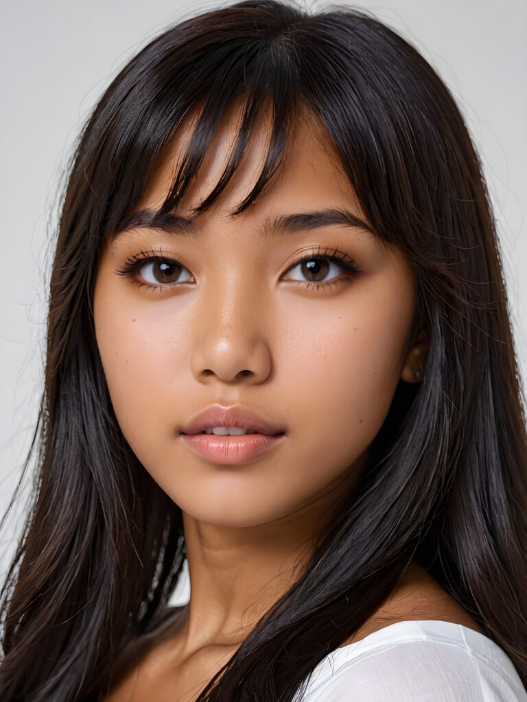 a realistic, detailed, dynamic photography from a beautiful young teen ((brown-skinned girl with flawless, soft skin)), with ((detailed long soft black hair, bangs)), full kissable lips, round eyes, round face, looking into the camera, perfect detailed face, ((close up portrait)), ((stunning)), ((gorgeous)), ((white background))