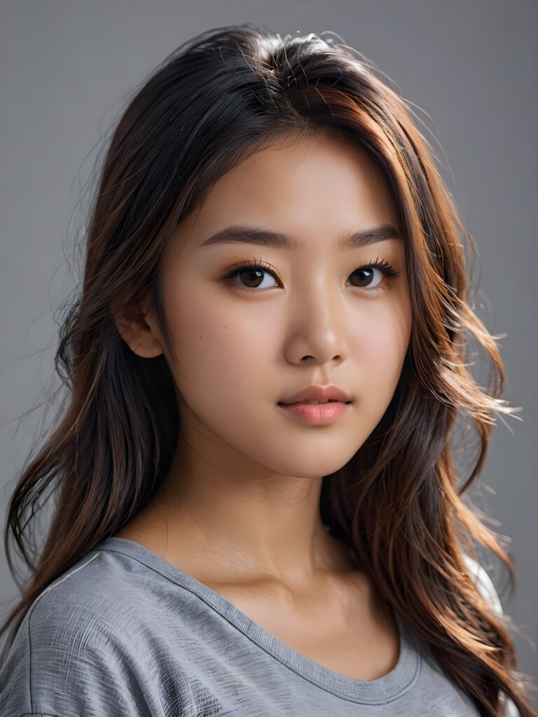 a realistic, detailed, dynamic photography from a beautiful young teen ((Asian girl)), with detailed hair, looking into the camera, dynamic cinematic lights, perfect detailed face, side view, ((close up portrait)), ((stunning)), ((gorgeous)), ((grey background))