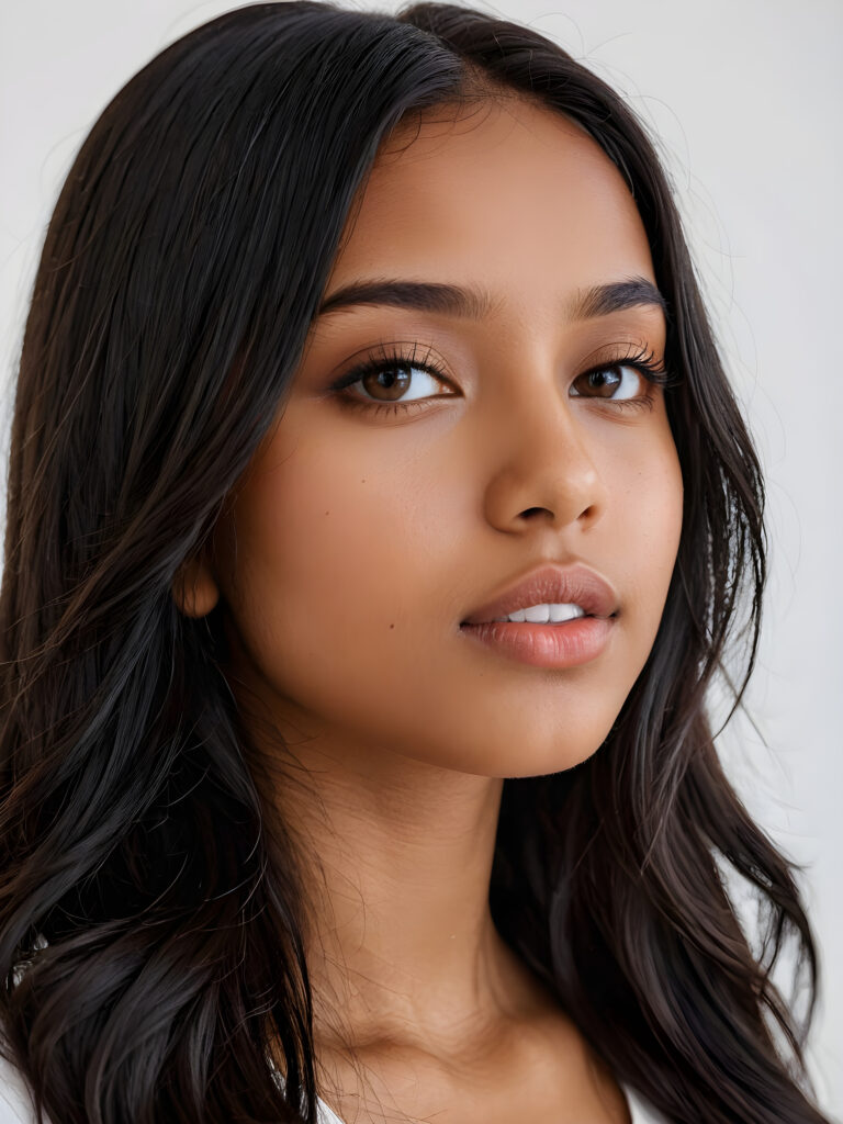 a realistic, detailed, dynamic photography from a beautiful young teen ((brown-skinned girl)), with ((detailed long soft black hair)), full kissable lips, looking into the camera, perfect detailed face, side view, ((close up portrait)), ((stunning)), ((gorgeous)), ((white background))