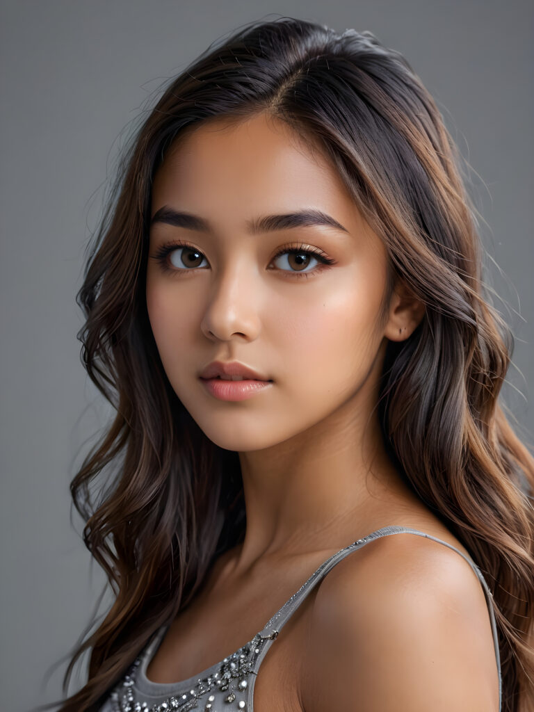 a realistic, detailed, dynamic photography from a beautiful young teen ((Exotic girl)), with detailed hair, looking into the camera, dynamic cinematic lights, perfect detailed face, side view, ((close up portrait)), ((stunning)), ((gorgeous)), ((grey background))