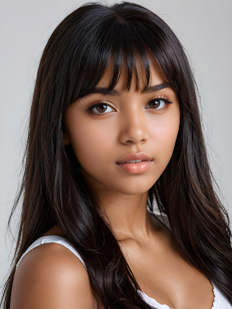 a realistic, detailed, dynamic photography from a beautiful young teen ((brown-skinned girl with flawless, soft skin)), with ((detailed long soft black hair, bangs)), full kissable lips, round eyes, round face, looking into the camera, perfect detailed face, ((close up portrait)), ((stunning)), ((gorgeous)), ((white background))