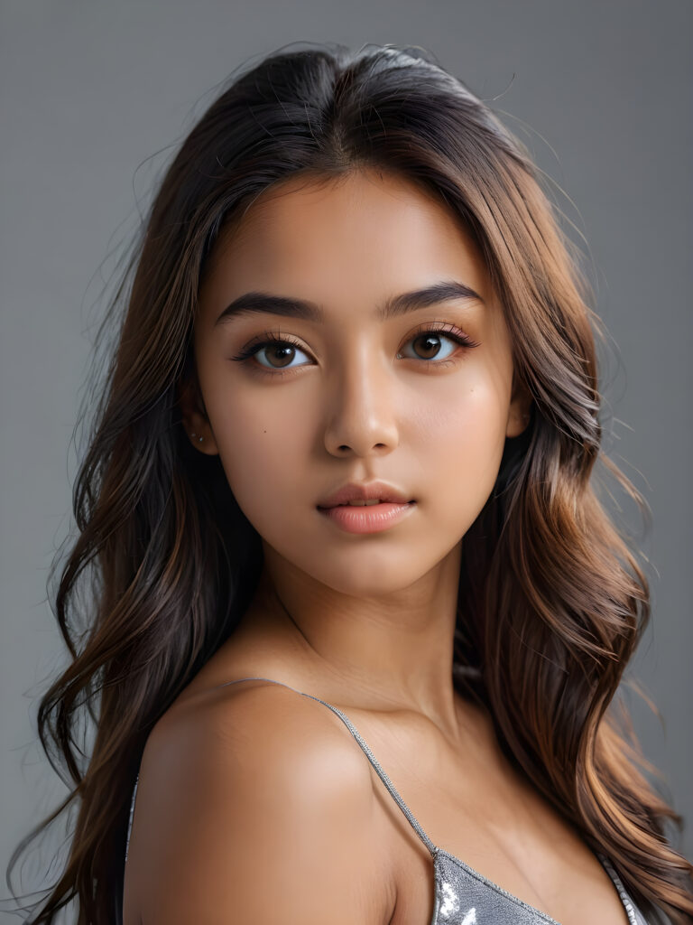 a realistic, detailed, dynamic photography from a beautiful young teen ((Exotic girl)), with detailed hair, looking into the camera, dynamic cinematic lights, perfect detailed face, side view, ((close up portrait)), ((stunning)), ((gorgeous)), ((grey background))