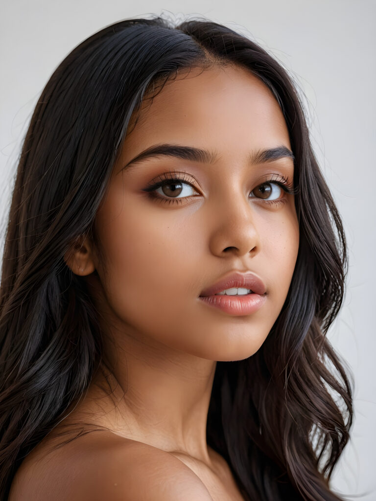 a realistic, detailed, dynamic photography from a beautiful young teen ((brown-skinned girl)), with ((detailed long soft black hair)), full kissable lips, looking into the camera, perfect detailed face, side view, ((close up portrait)), ((stunning)), ((gorgeous)), ((white background))