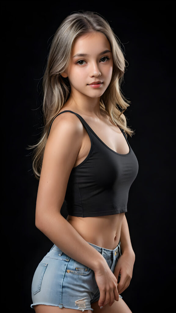 a (((realistic and detailed portrait))) of a beautiful young top model teen girl in a sleek crop tank top, showcasing a perfect, curves-fitting body, with short pants and an angelic, round face, straight soft long kgrey hair ((black background)), perfect shadows and lights