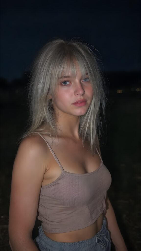 a (((realistic and detailed portrait))) of a 14-year-old silver-skinned teen girl, a perfect curves-fitting body, (((short pants))) and ((super short crop tank top)), an angelic (((round face))), (((soft long straight white hair, her hair reaches down to her waist))), and an (((nightly landscape))) as a (side view)