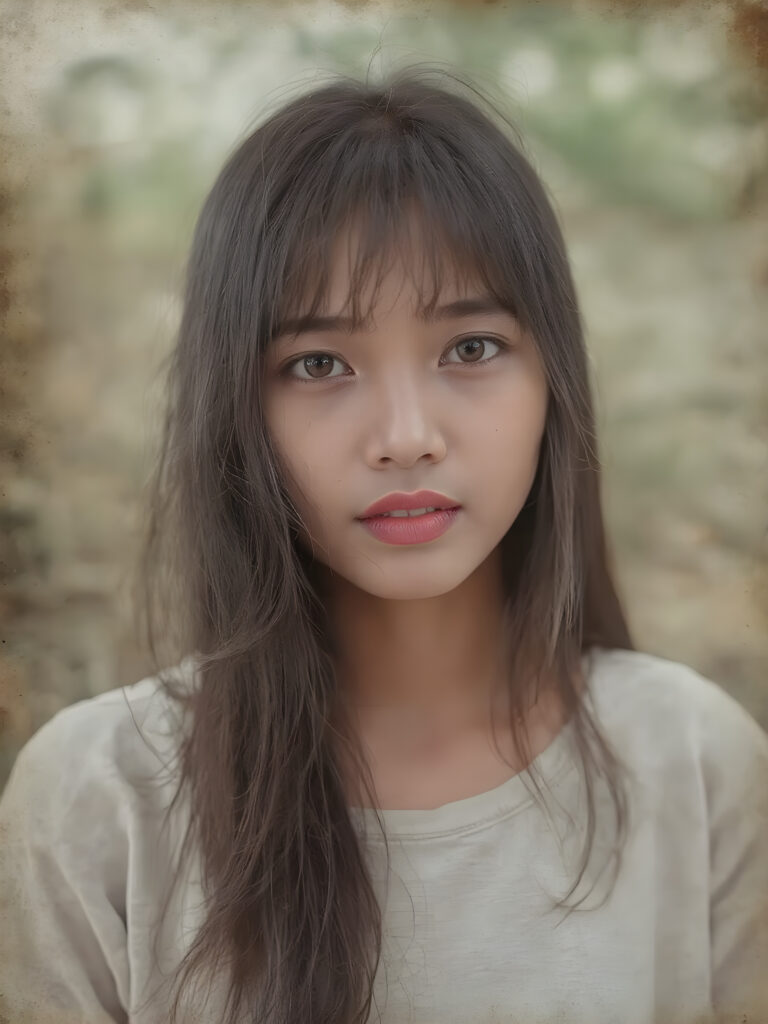 a (((realistic old photograph))), vividly contrasted by splashes of (((red lip color))), representing a (((full-body capture))) of a (((beautiful young Indonesian girl, long soft hair, bangs cut))) with an (((ultra realistic, intricate details))) that defy the laws of physics, with a (((dynamic advanced lighting system))) that brings out the extreme details, composited against a (((natural, grainy backdrop))), emulating a hyper-realistic, advanced photography, exotic style