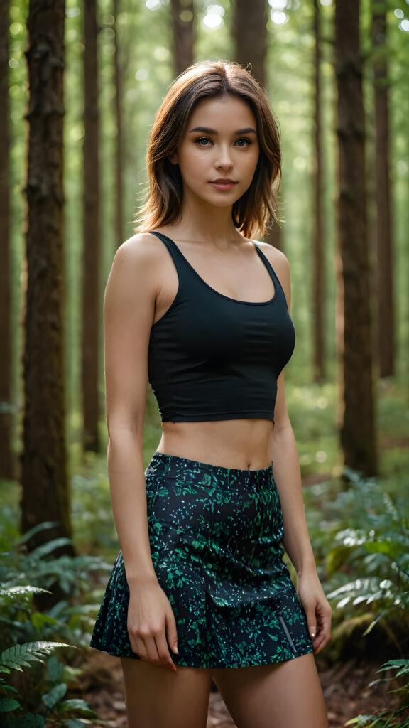 a realistic photo from a beautiful stunning and gorgeous girl in a dark forest, she wears a short cropped tank top and a mini skirt