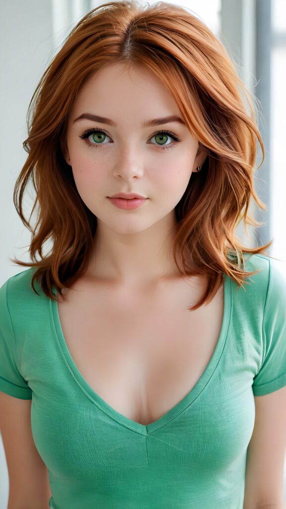 a realistic photo from a cute stunning young red haired teen girl, age 16, round face, and a sexy, womanly curves, she wears a short cropped t-shirt, deep v-neck, open front, soft jet straight hair, light green eyes, full lips