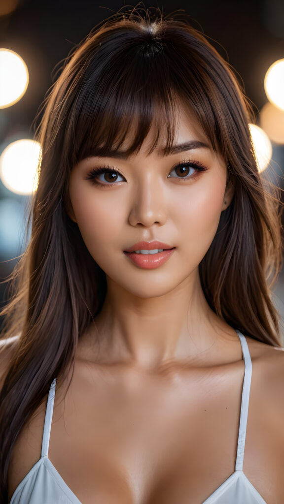 a realistic photo from a beautiful stunning and gorgeous busty Asian model girl, soft straight brown hair, bangs cut, skimpy and lightly dressed, full lips, ((dark eyes)), white teeth, open mouth, detailed beautiful shining eyes