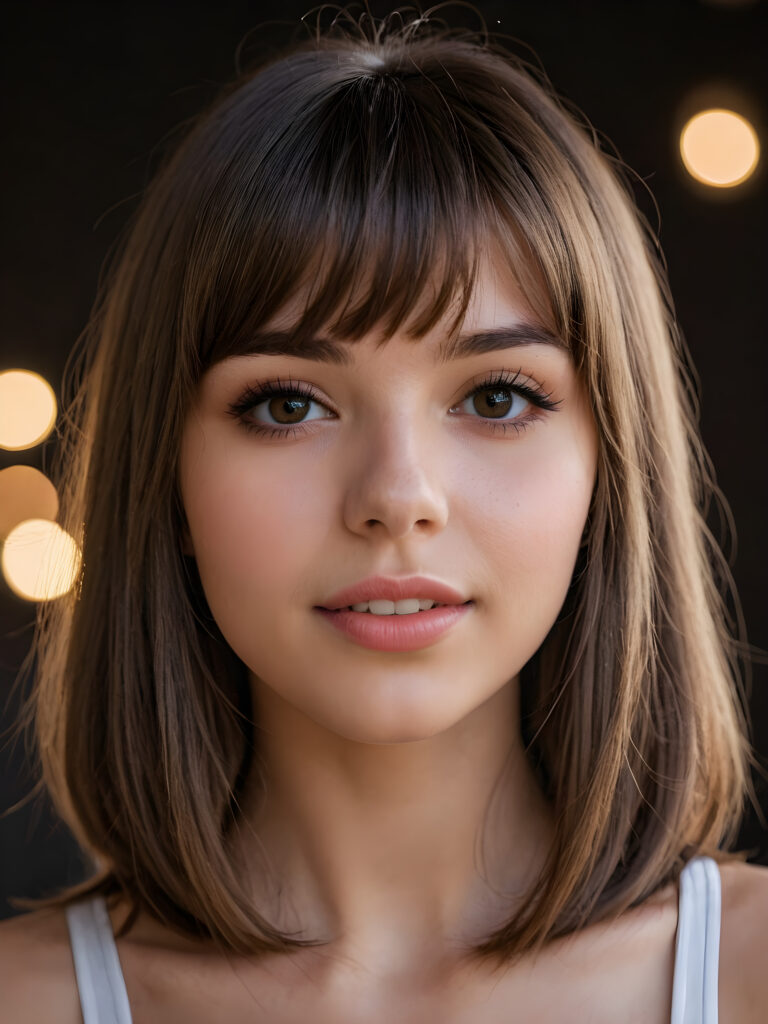 a realistic photo from a beautiful long bob brown haired teen girl, soft straight hair, bangs, realistic detailed close-up shot, skimpy and lightly dressed, full lips, ((dark eyes, her eyes shine)), full, plump lips, white teeth, open mouth