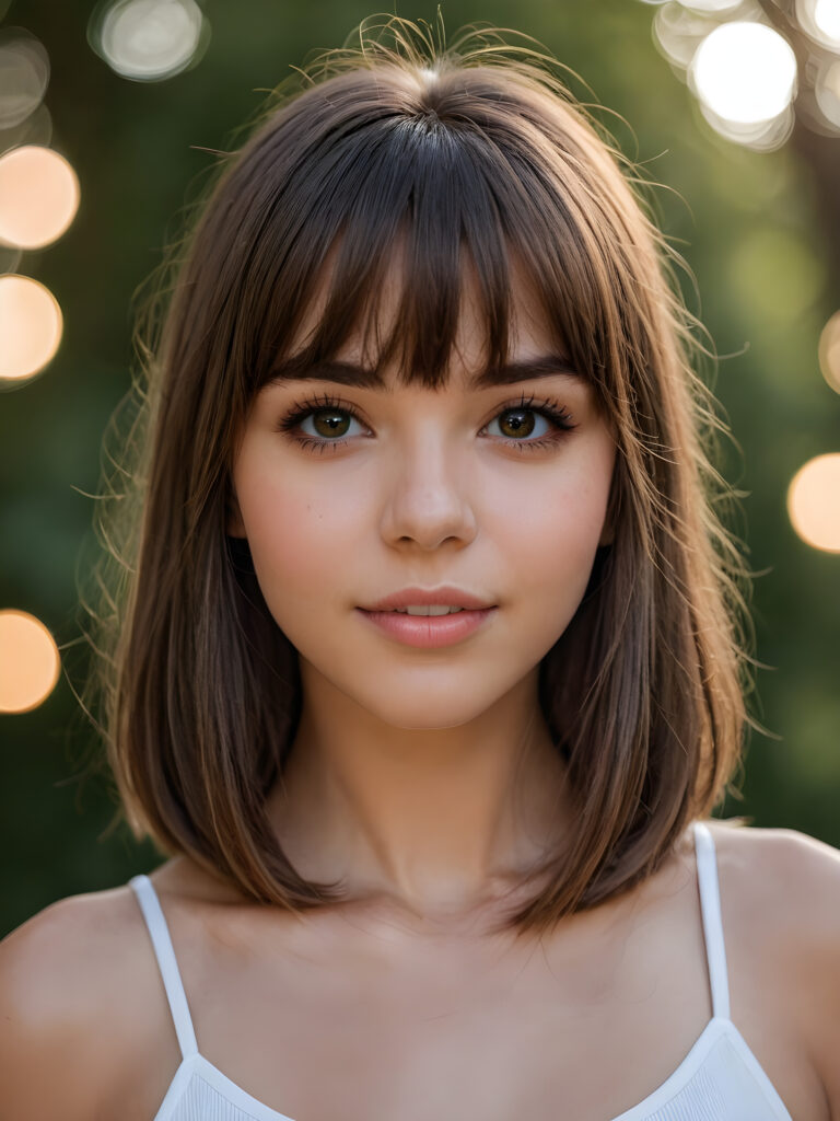 a realistic photo from a beautiful long bob brown haired teen girl, soft straight hair, bangs, realistic detailed close-up shot, skimpy and lightly dressed, full lips, ((dark eyes, her eyes shine)), full, plump lips, white teeth, open mouth